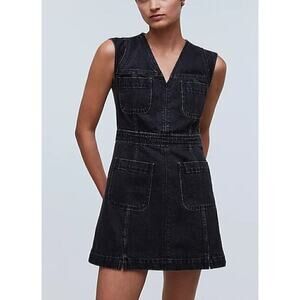 Madewell Dress Denim Cap-Sleeve Utility Pockets Mini Tarrybrook Wash Black NWT 6